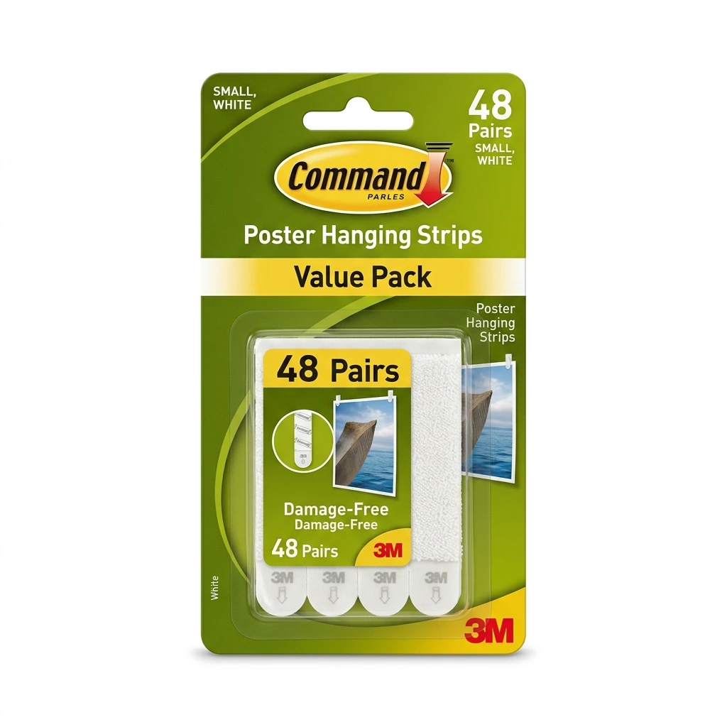 Command Poster Hanging Strips Value Pack, Small, White, 48 Pairs, in clean product packaging on a white background.